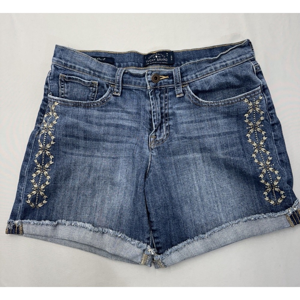 Lucky Brand Womens Roll Up Stretch Jean Shorts Size 6 / 28 Blue Denim Embroidery